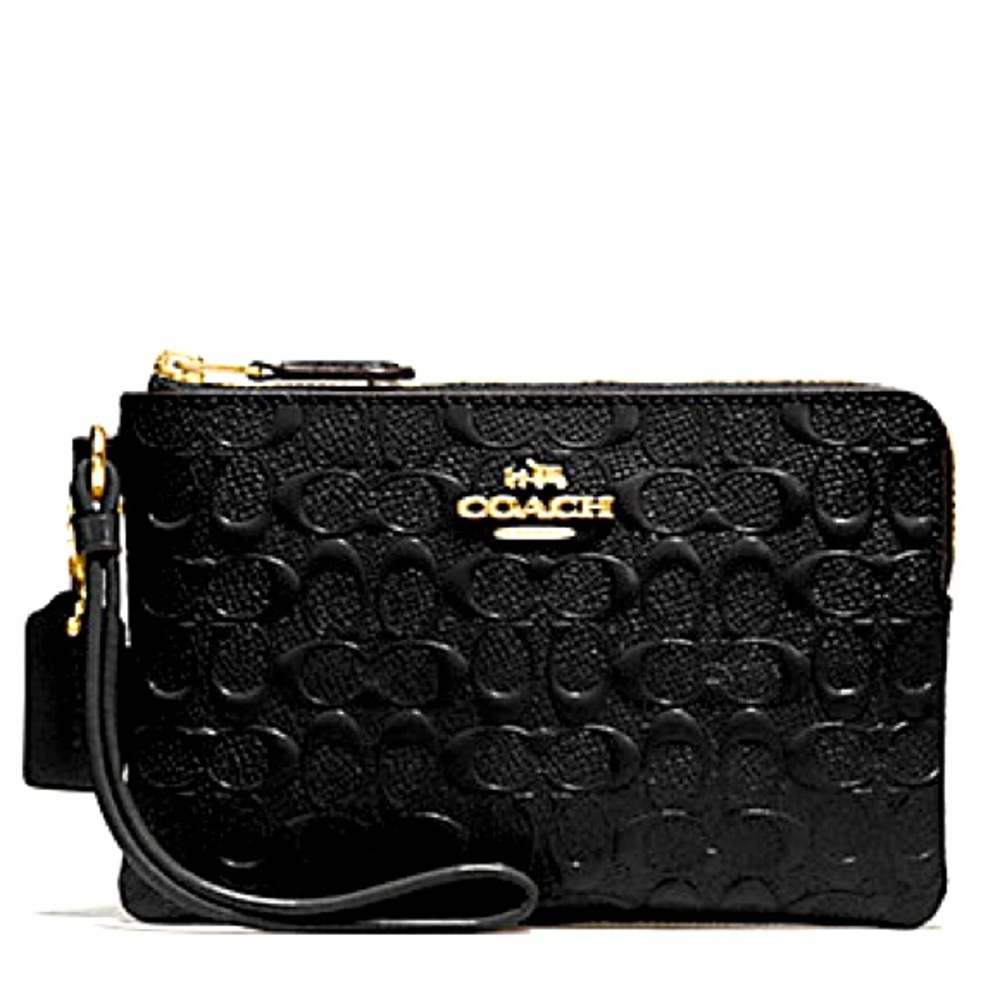 COACH Signature Logo Embossed Black Patent Leather  Zip WRISTLET
